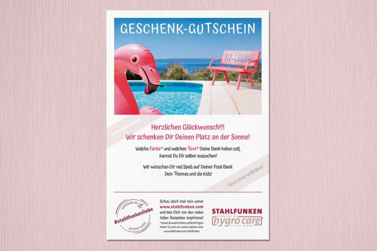 Mustergutschein mit Bank Rasta P 802 in Erdbeerrot
